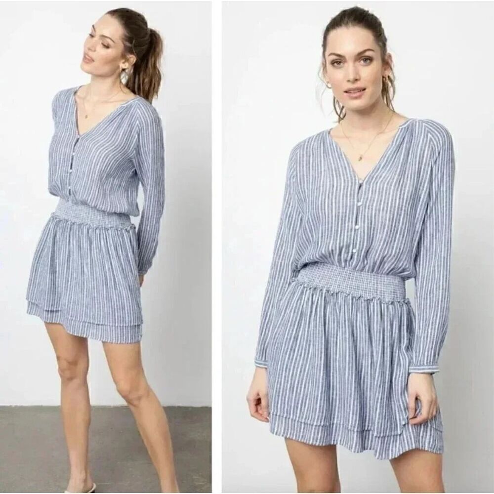 Rails Jasmine Tibet Stripe Smocked Waist Long Sleeve Linen Blend Lightweight Dre